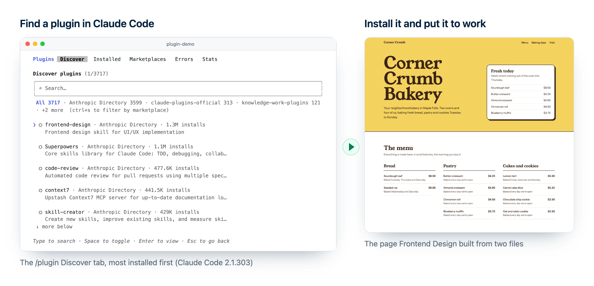Plugins de Claude Code en la pestaña Discover de /plugin: Frontend Design, Superpowers, Code Review, Context7 y Skill Creator con sus instalaciones, junto a la página de panadería que creó el plugin Frontend Design