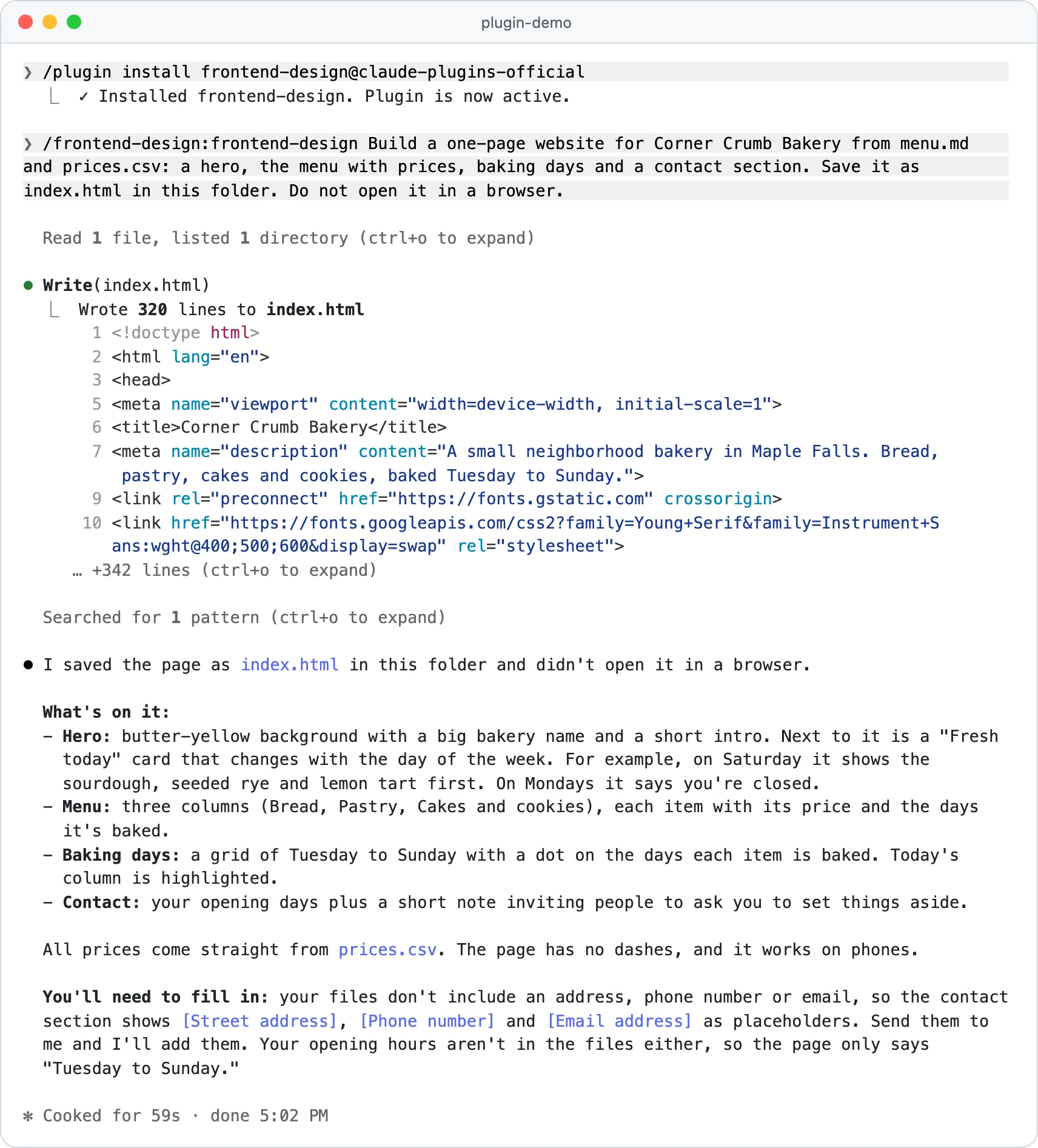 El plugin Frontend Design de Claude Code crea el sitio de una página de una panadería a partir de sus archivos de menú y precios, en una sesión real de Claude Code