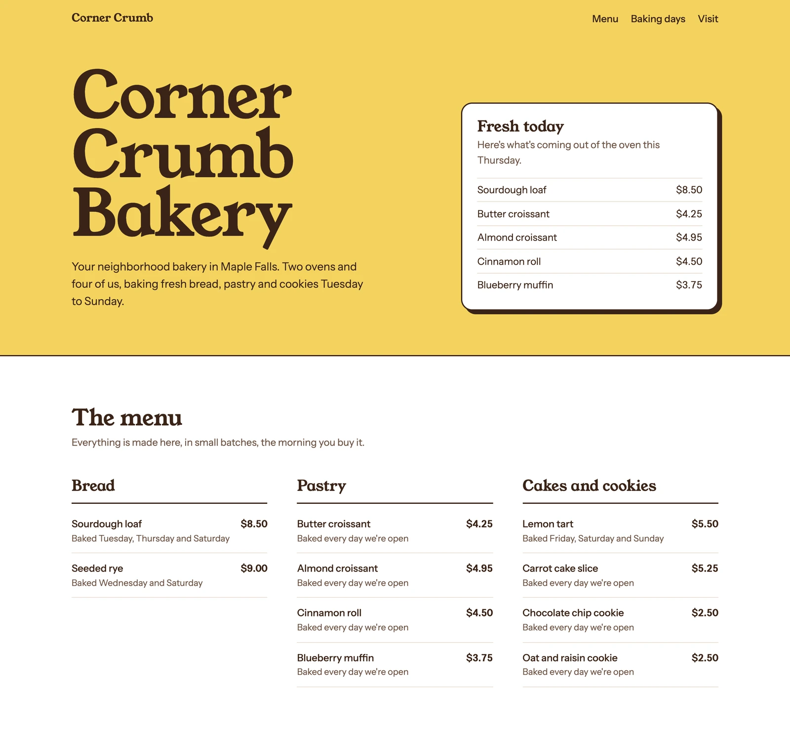 La landing page que el plugin Frontend Design creó para una panadería ficticia, con un hero amarillo, una tarjeta de precios Fresh today y un menú de tres columnas con precios y días de horneado