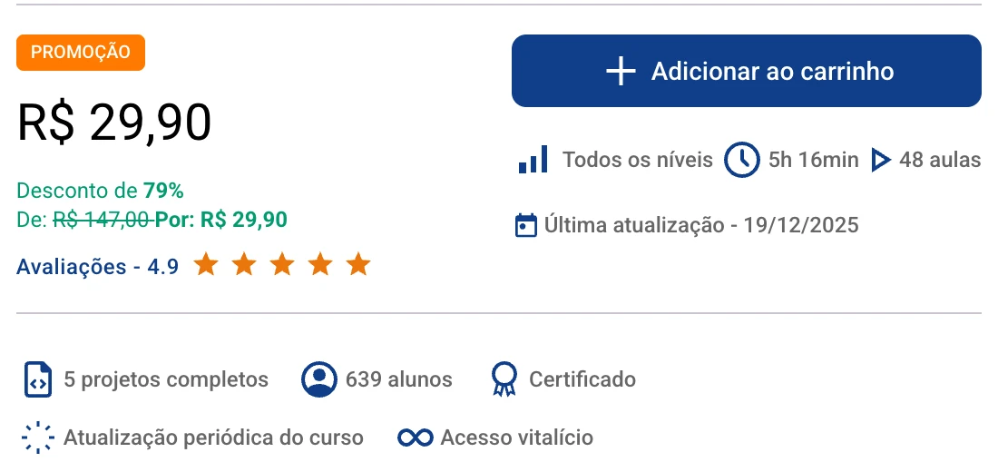 Curso n8n da Hora de Codar por R$ 29,90 em promoção, 5h16min e 48 aulas, com última atualização em 19/12/2025, depois do n8n 2.0