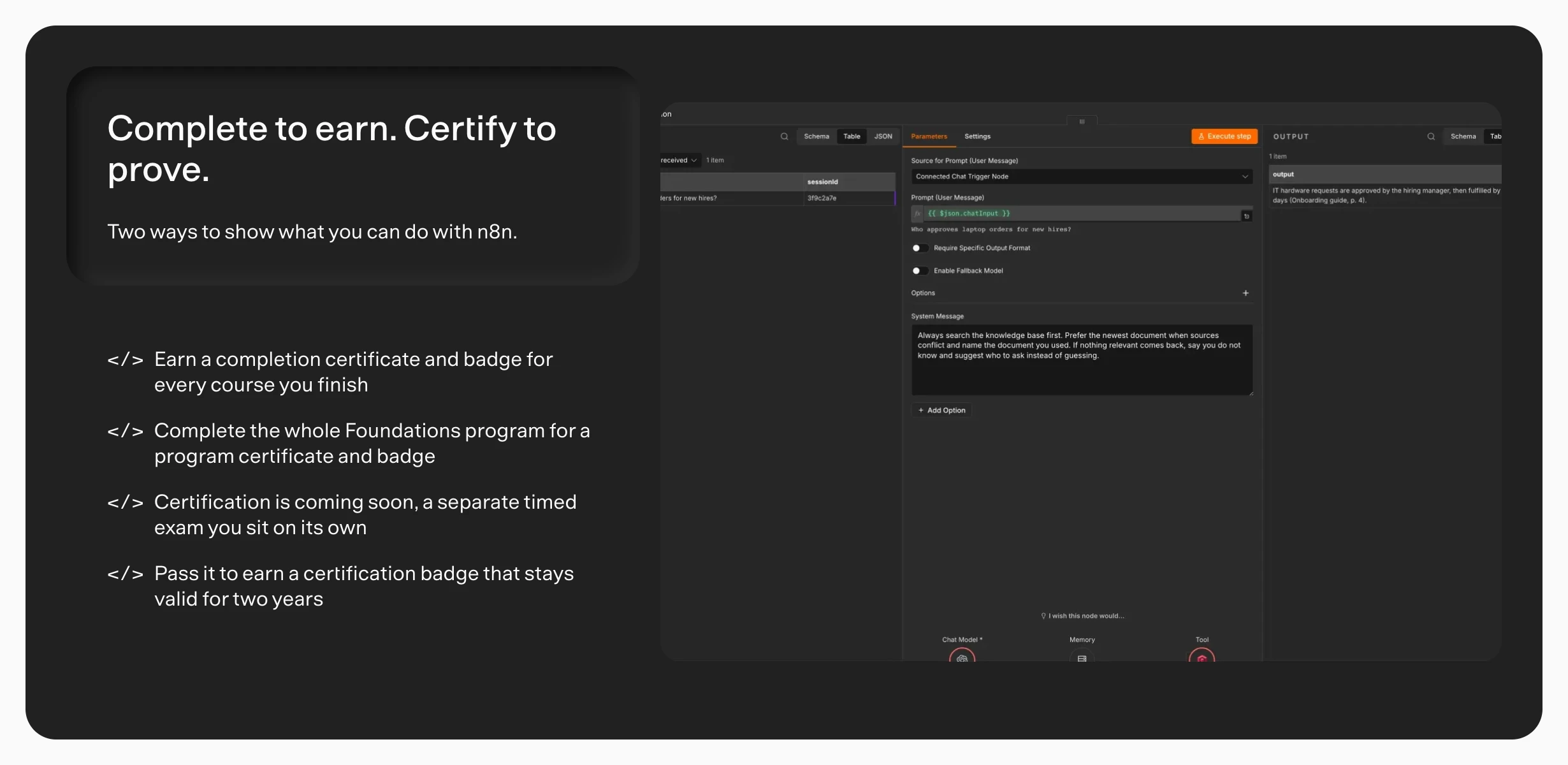 Certificação n8n na n8n.io: certificados de conclusão e selos hoje, prova de certificação cronometrada em breve