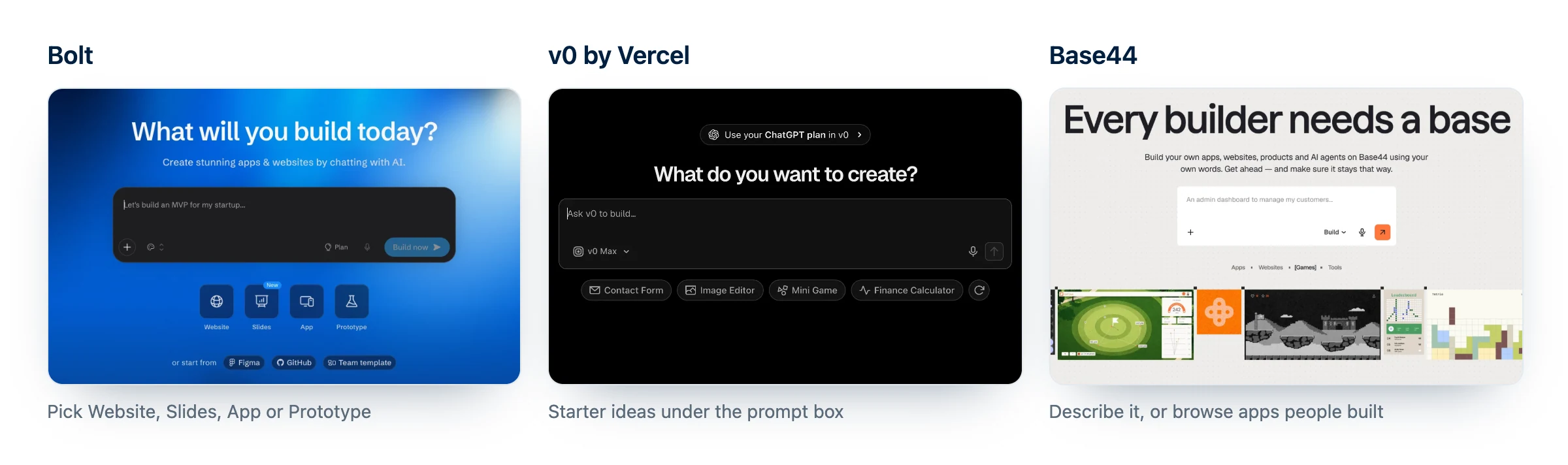 Best vibe coding tools side by side: the start screens of Bolt, v0 by Vercel and Base44, each with a prompt box to describe your app