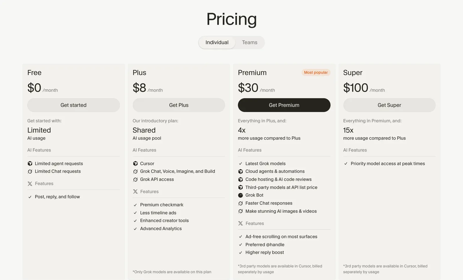 Precios de Cursor dentro de la X Subscription, con Plus a $8 al mes solo con modelos Grok, Premium a $30 y Super a $100