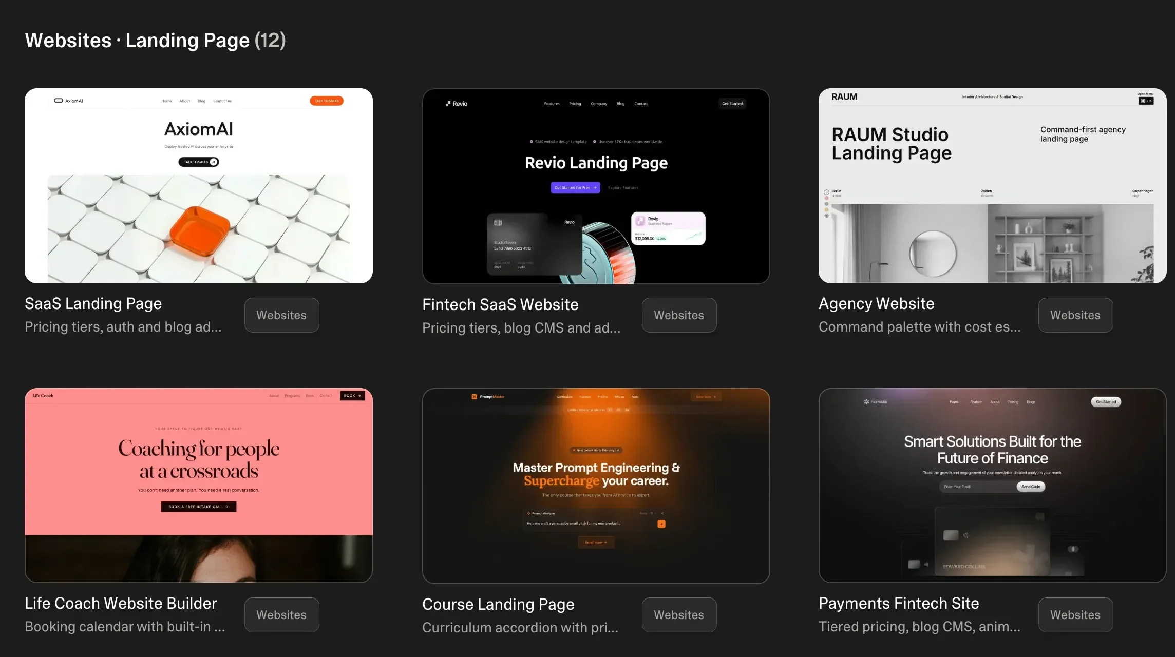 Plantillas de landing page de Lovable en la galería del constructor de apps con IA, con páginas de SaaS, fintech, agencia, life coach y cursos