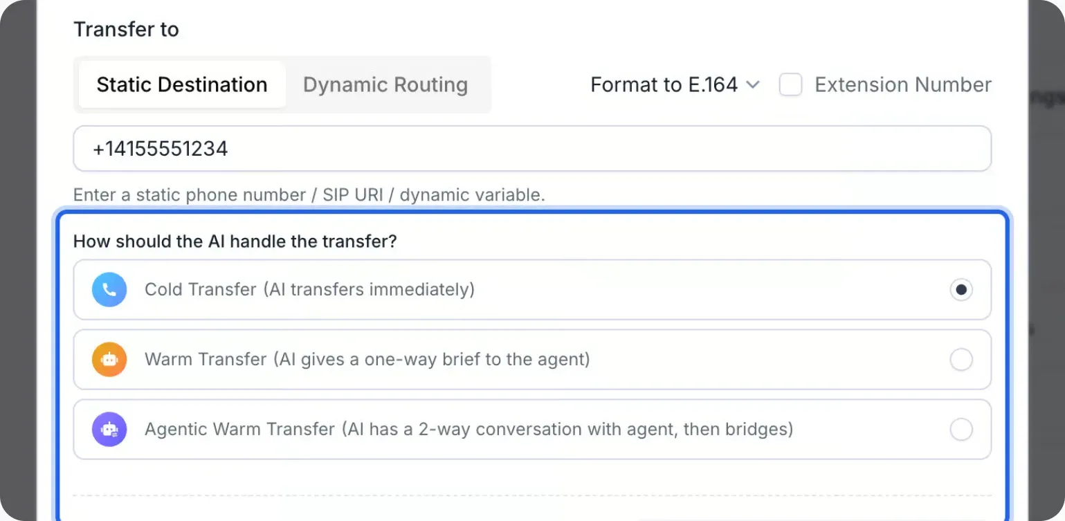 Réglages Transfer Call de Retell avec un numéro au format E.164 et les options Cold Transfer, Warm Transfer et Agentic Warm Transfer