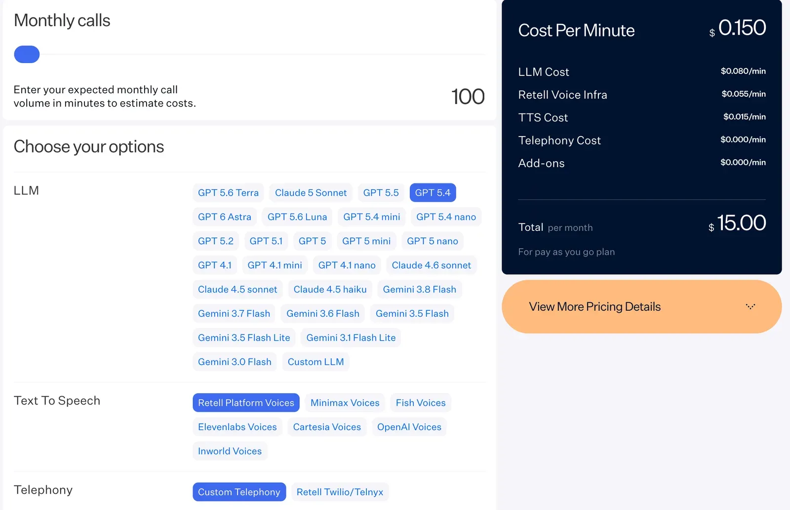 Simulateur de coût de Retell montrant le coût d'un réceptionniste IA à $0.150 la minute, réparti entre LLM, infrastructure vocale, synthèse vocale et téléphonie