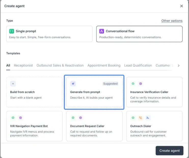 Fenêtre Create agent de Retell avec les types Single prompt et Conversational flow et un onglet Receptionist parmi les modèles