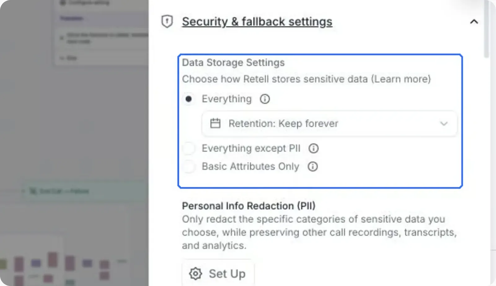 Data Storage Settings de Retell avec Everything, Everything except PII et Basic Attributes Only, et Retention réglé sur Keep forever