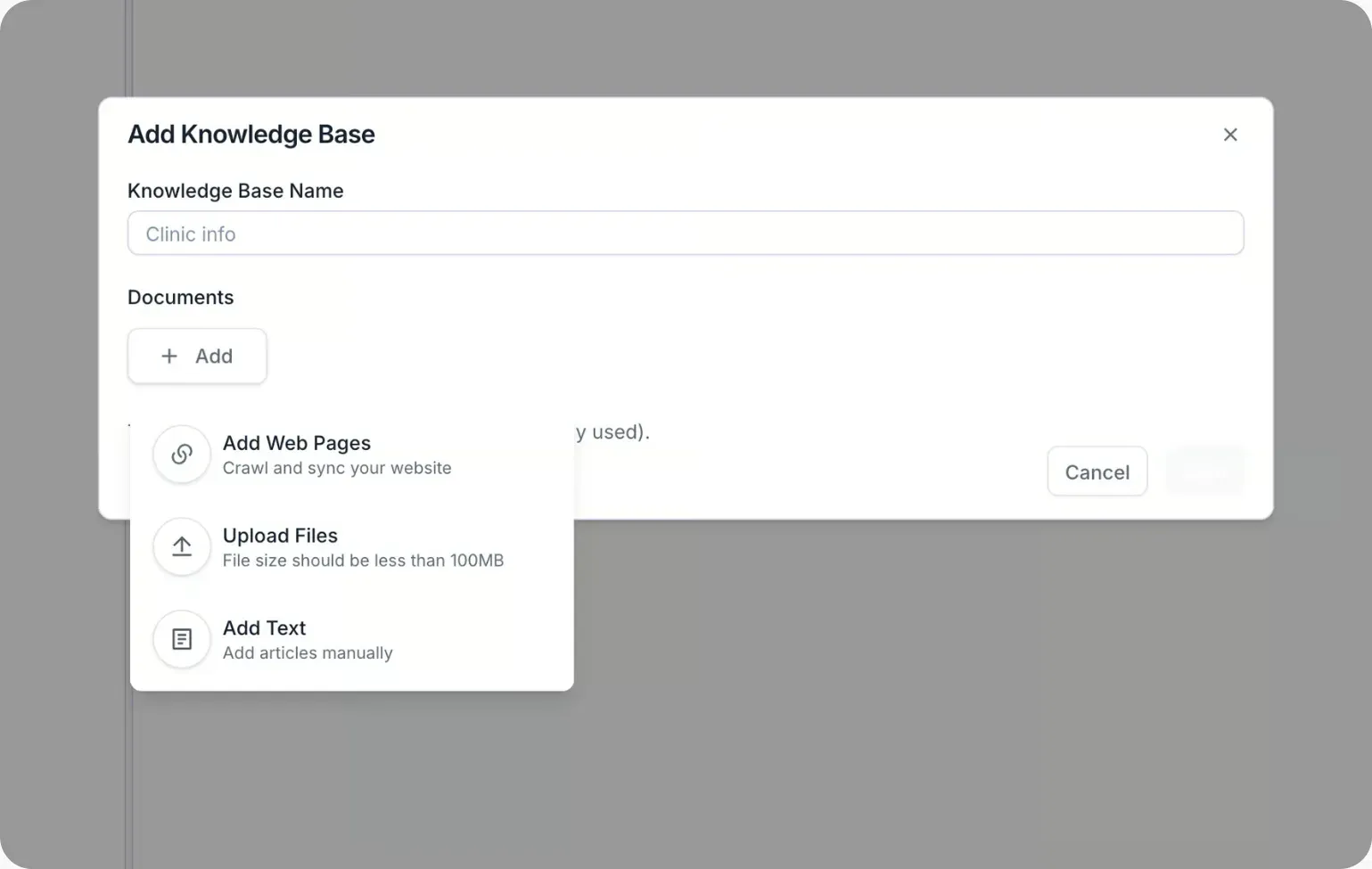Fenêtre Add Knowledge Base de Retell proposant Add Web Pages, Upload Files et Add Text comme sources