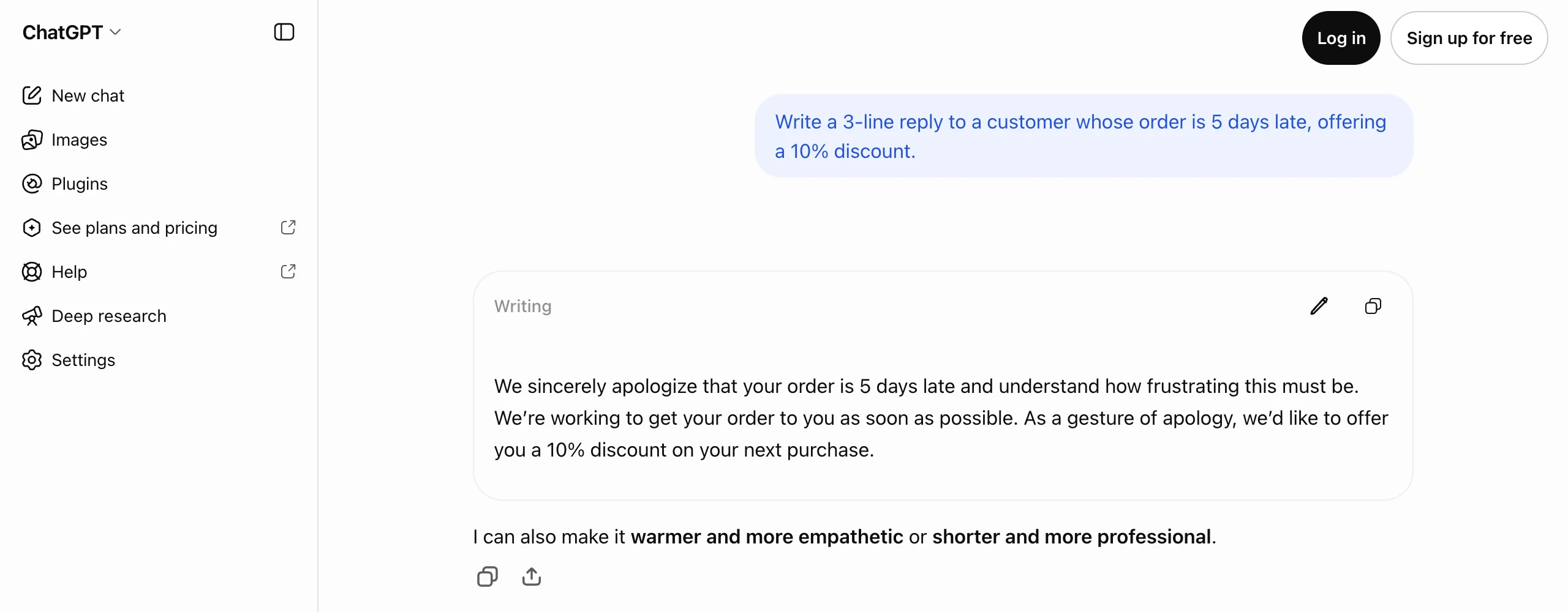 ChatGPT used without an account on October 27, 2026, answering "Write a 3-line reply to a customer whose order is 5 days late, offering a 10% discount" with three sentences that apologize and offer 10% off the next purchase, with Log in and Sign up for free buttons at the top