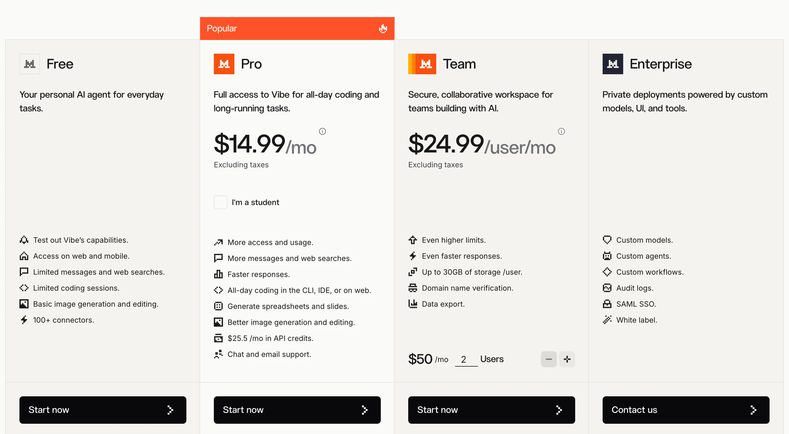 Mistral Vibe pricing on October 27, 2026: Free for everyday tasks with limited messages and web searches, Pro at $14.99 a month excluding taxes marked Popular with an I'm a student option, Team at $24.99 per user a month, and Enterprise with custom deployments