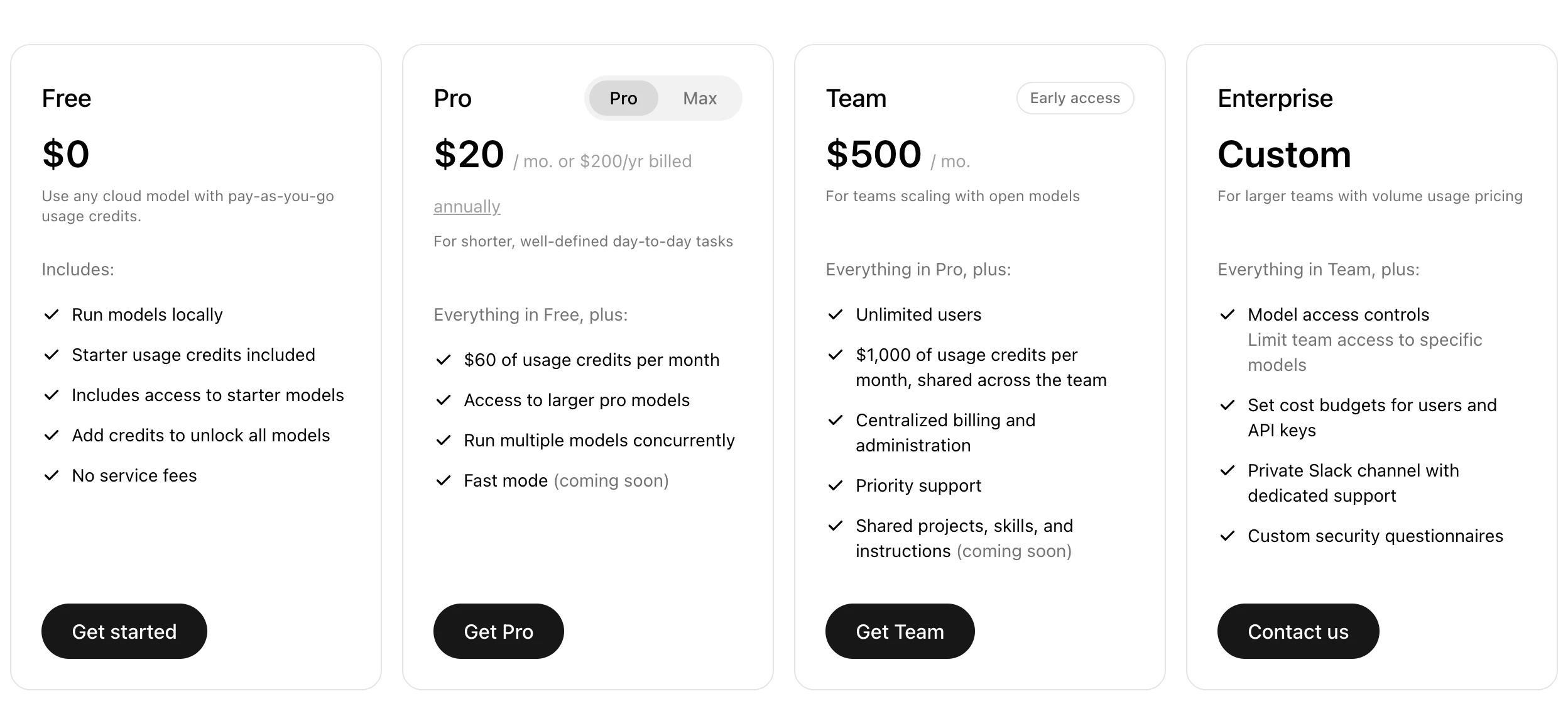 Ollama pricing on October 27, 2026: Free at $0 to run models locally with starter cloud credits, Pro at $20 a month or $200 a year with $60 of usage credits per month, Team at $500 a month in early access, and Enterprise with custom pricing