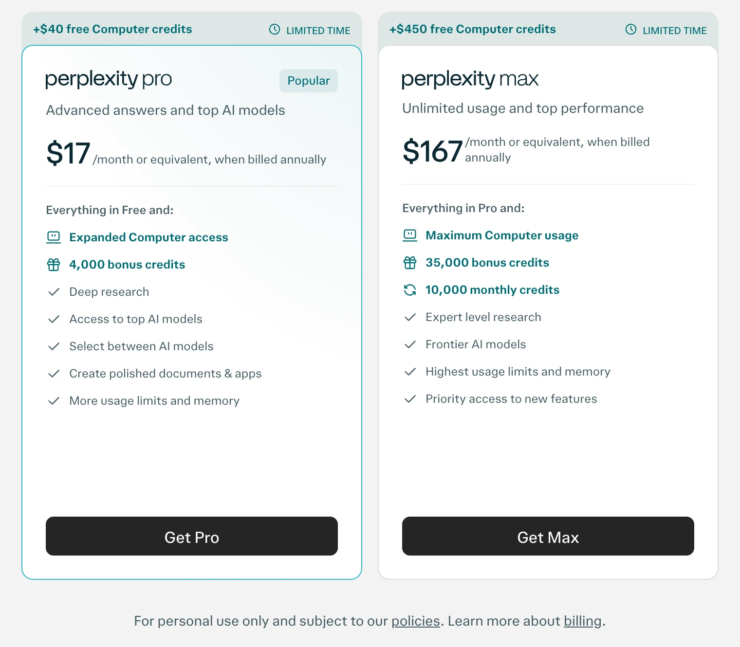 Perplexity pricing cards on October 27, 2026: Pro at $17 a month billed annually with deep research, access to top AI models and 4,000 bonus credits, and Max at $167 a month billed annually with 10,000 monthly credits, both with limited-time free Computer credits