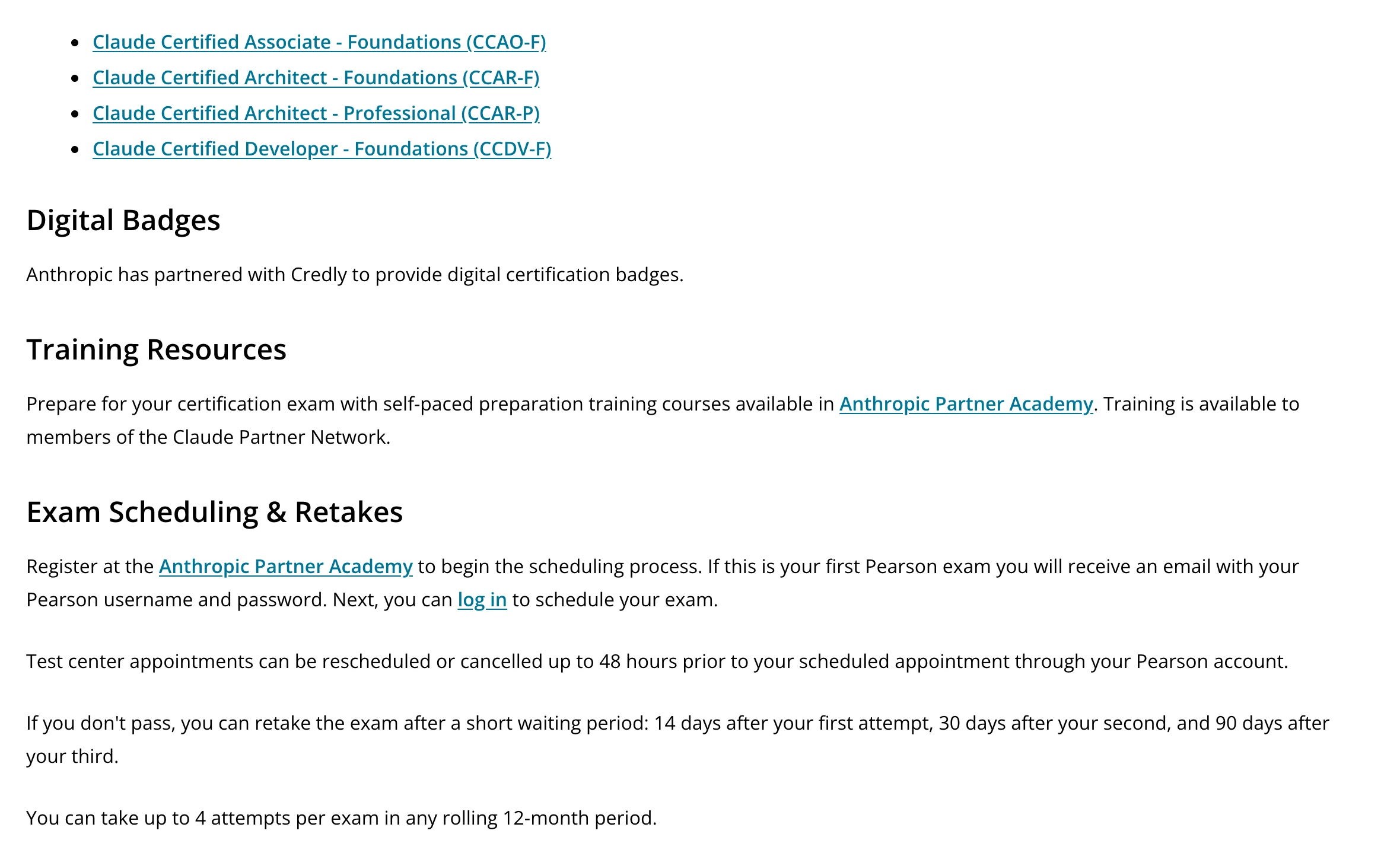 Pearson VUE's Anthropic page listing the four Claude certification exams with their codes CCAO-F, CCAR-F, CCAR-P and CCDV-F, Credly as the badge provider, and the retake rules of 14, 30 and 90 days with up to 4 attempts in a rolling 12 months