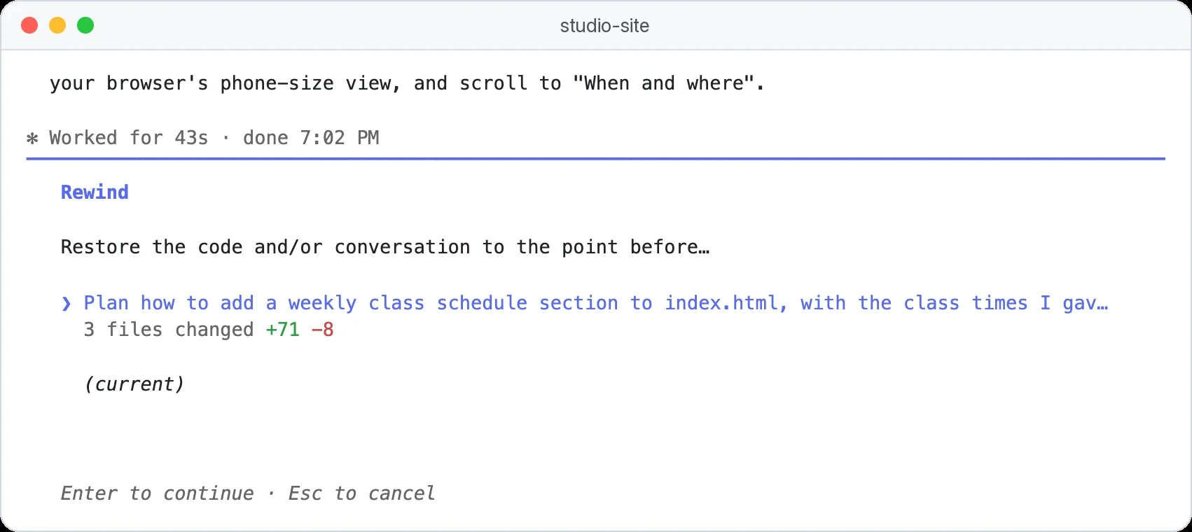 Menu de retour en arrière de Claude Code après deux appuis sur Esc, listant un message précédent avec 3 files changed +71 -8