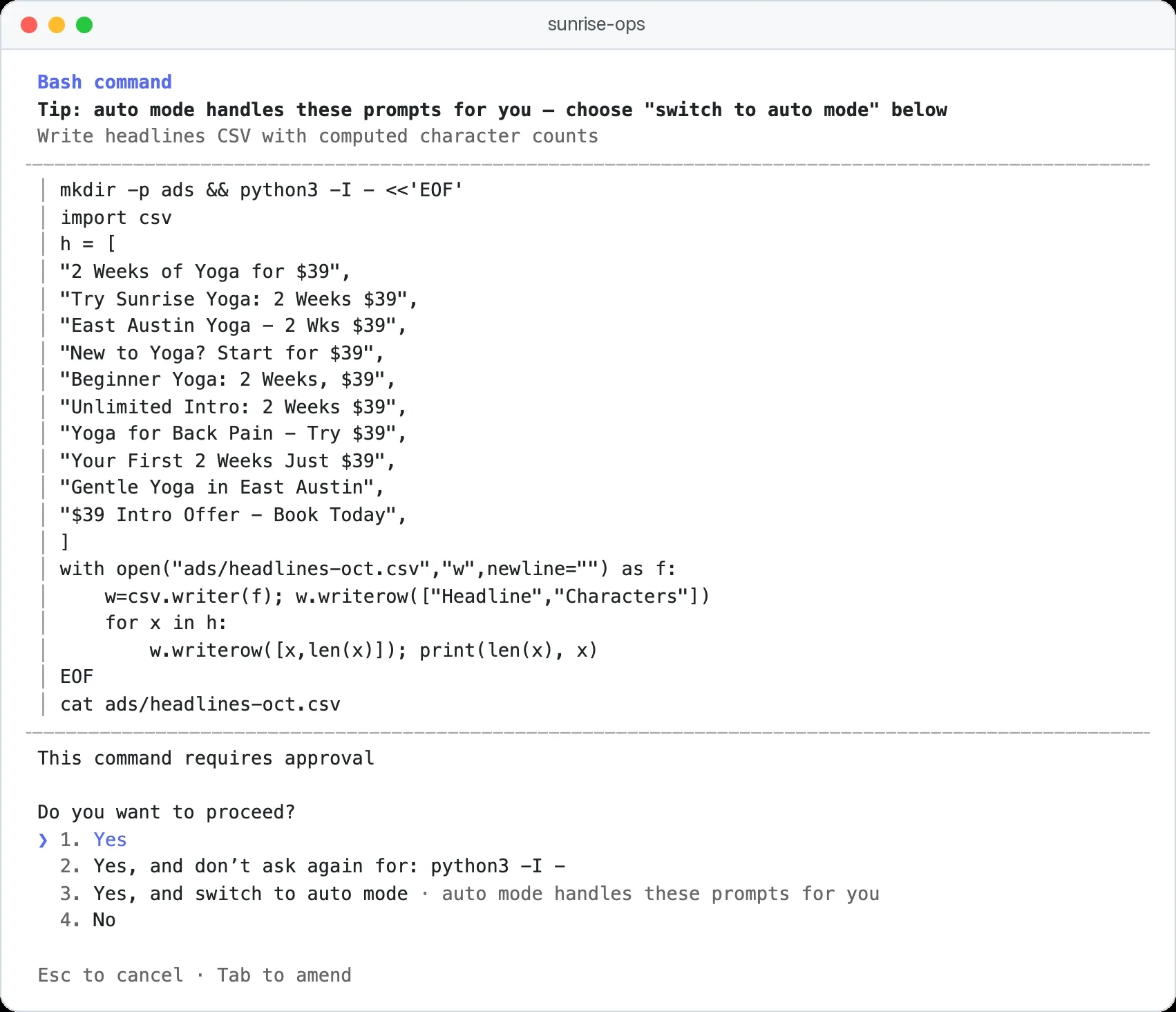 Claude Code para marketing escribiendo titulares de Google Ads y contando sus caracteres con un script antes de guardarlos en un CSV