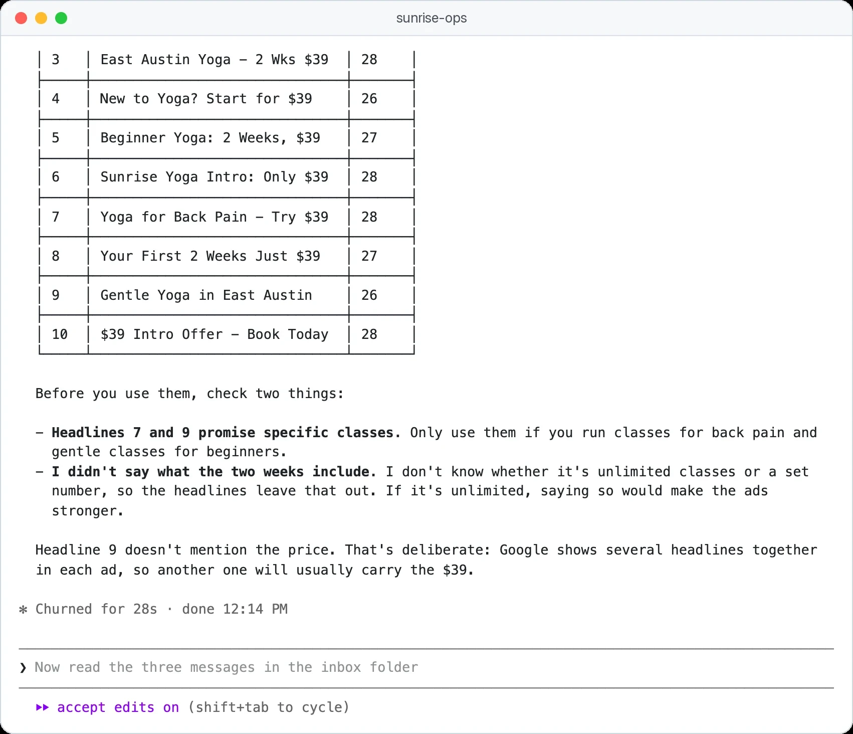 Claude Code para marketing: 10 titulares de Google Ads de menos de 30 caracteres con sus conteos, de una sesión real con una exportación de términos de búsqueda