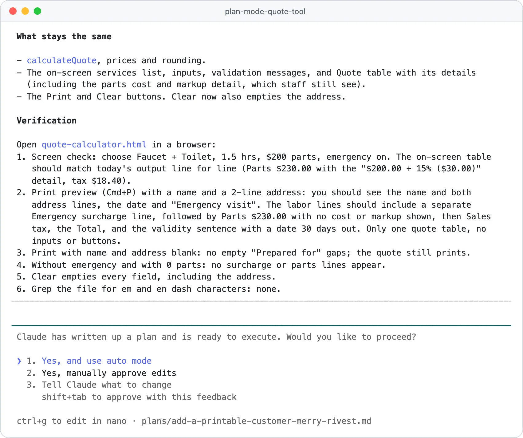 Claude Code plan mode approval options under the finished plan: Yes and use auto mode, Yes manually approve edits, and Tell Claude what to change
