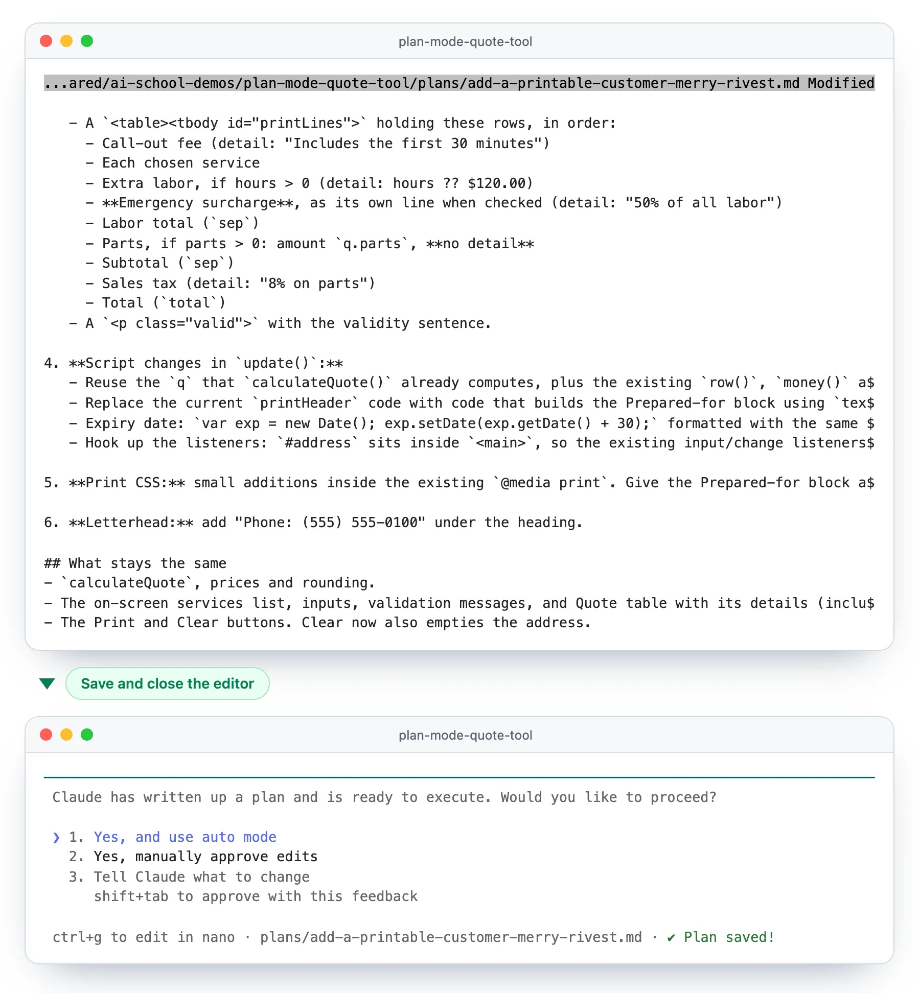 Editing a Claude Code plan with Ctrl+G in the Mac's nano editor, then back at the approval options with Plan saved