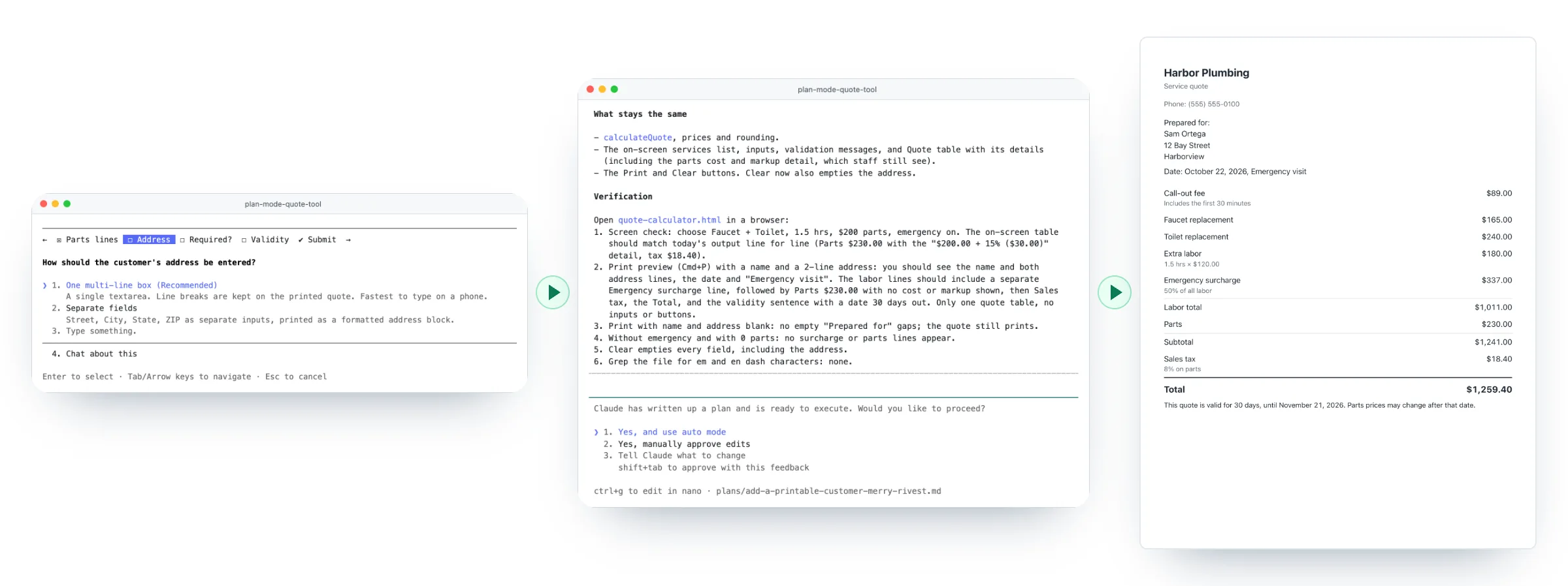 Claude Code plan mode on a real job: Claude asks how the customer's address should be entered, shows its plan with the approval options, and the finished printable plumbing quote