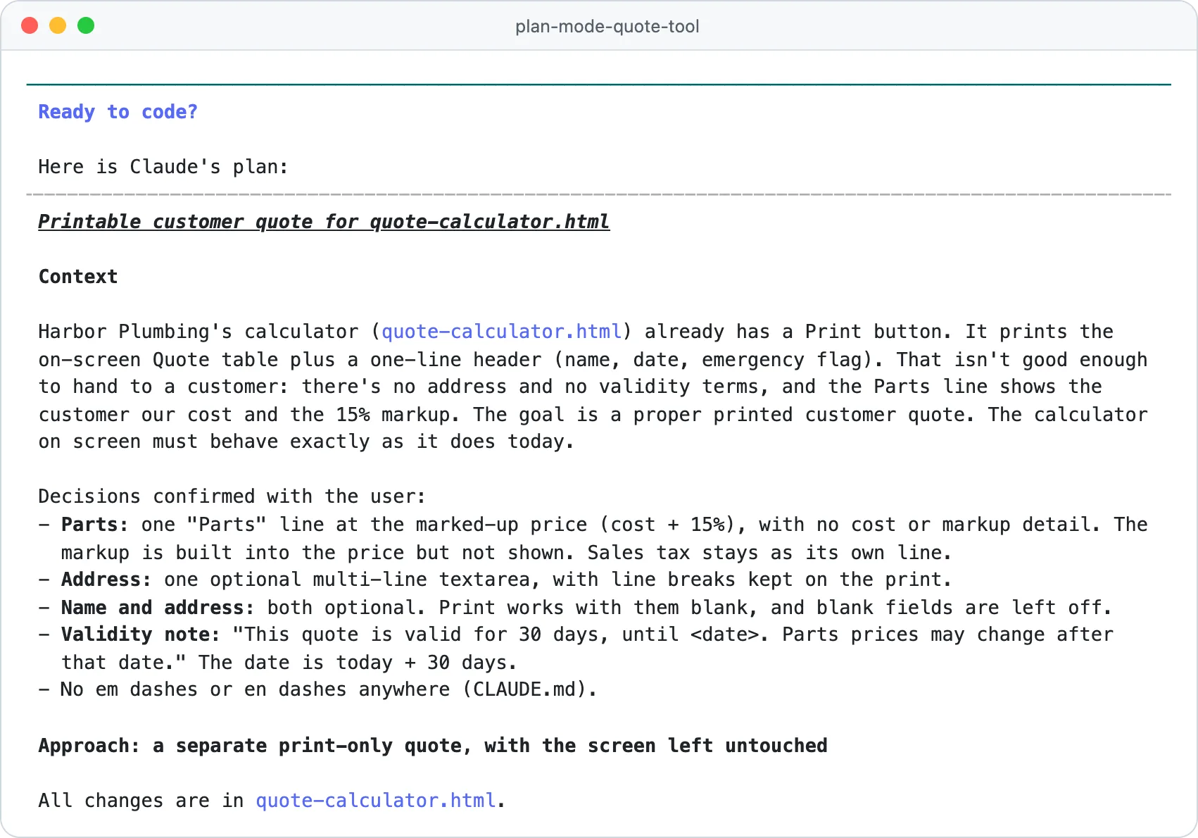 Claude Code plan mode showing Ready to code? and the start of Claude's plan, with the decisions taken from our four answers