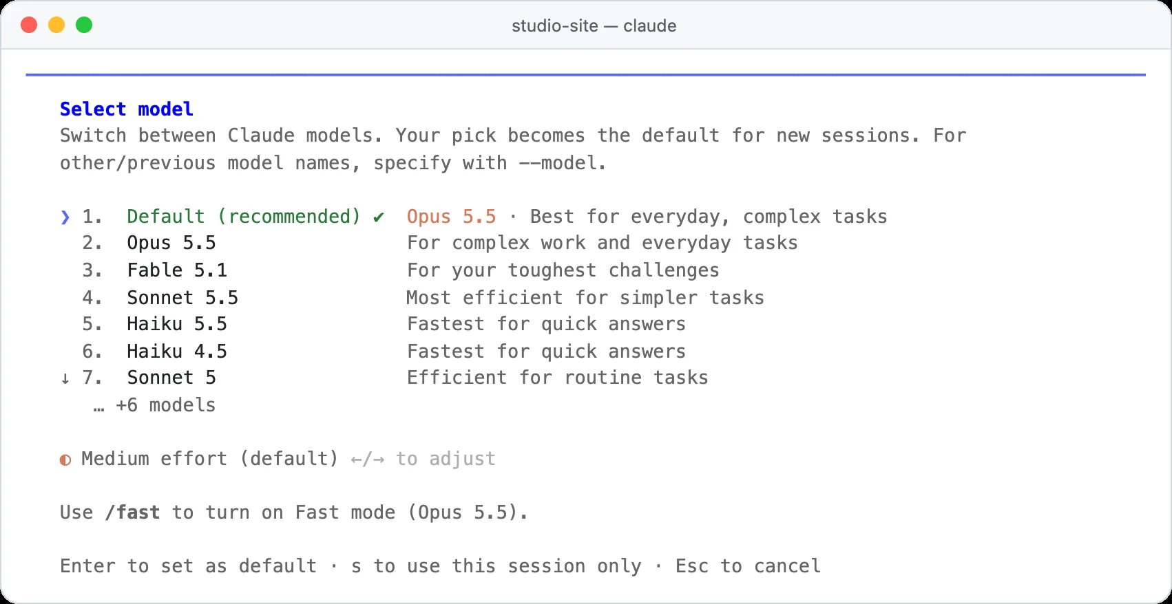 Claude Code pricing in practice: the /model picker on a Max plan listing Opus 5.5, Fable 5.1, Sonnet 5.5 and Haiku 5.5