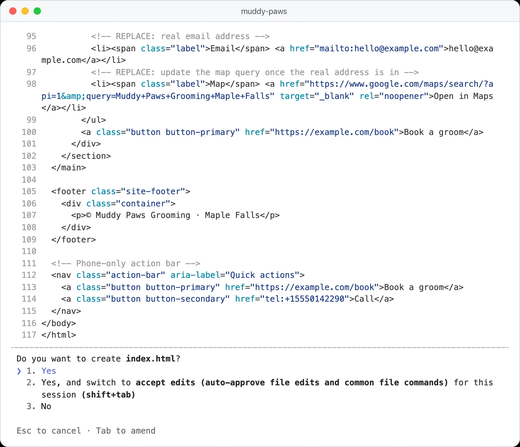 Claude Code en mode manuel qui montre la fin d'index.html et demande Do you want to create index.html?