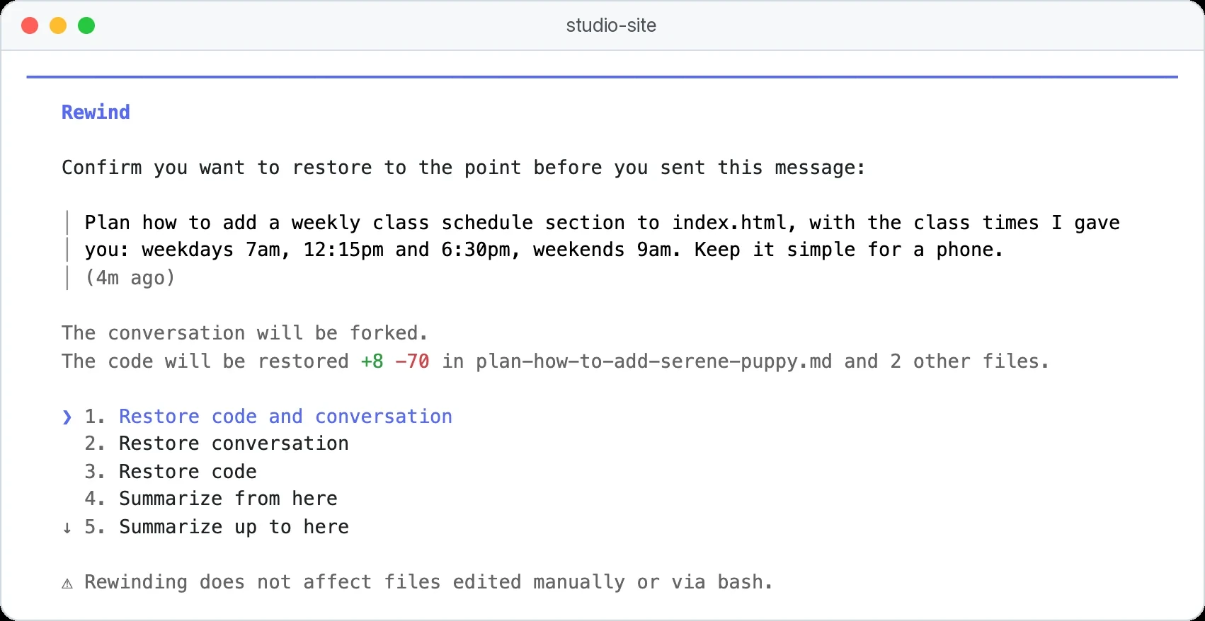 Confirmation de rewind dans Claude Code qui propose Restore code and conversation, Restore conversation, Restore code ou un résumé