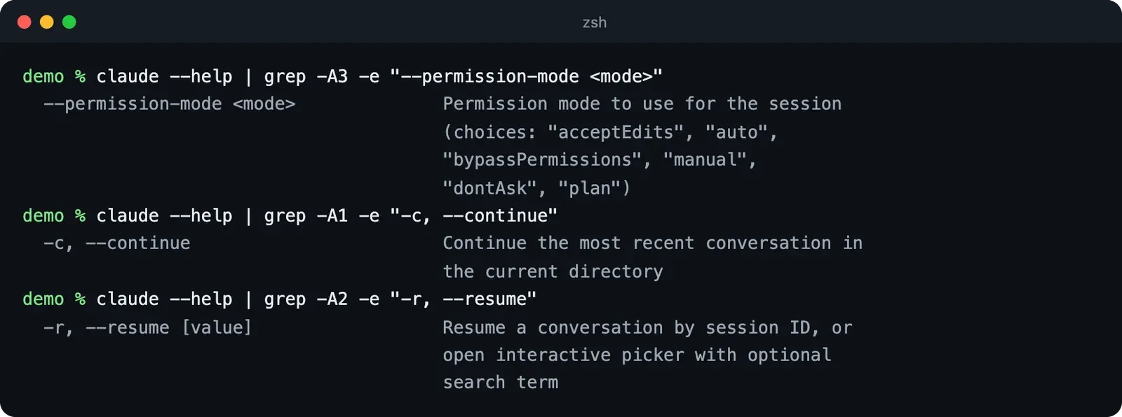 Sortie de claude --help dans le terminal qui montre comment utiliser Claude Code avec un mode de permission au démarrage et comment continuer ou reprendre une conversation