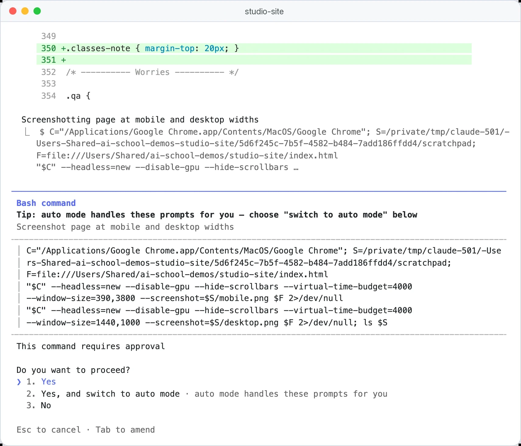 Claude Code en mode Manual montrant une modification de styles.css, puis demandant Do you want to proceed avant de lancer une commande Bash