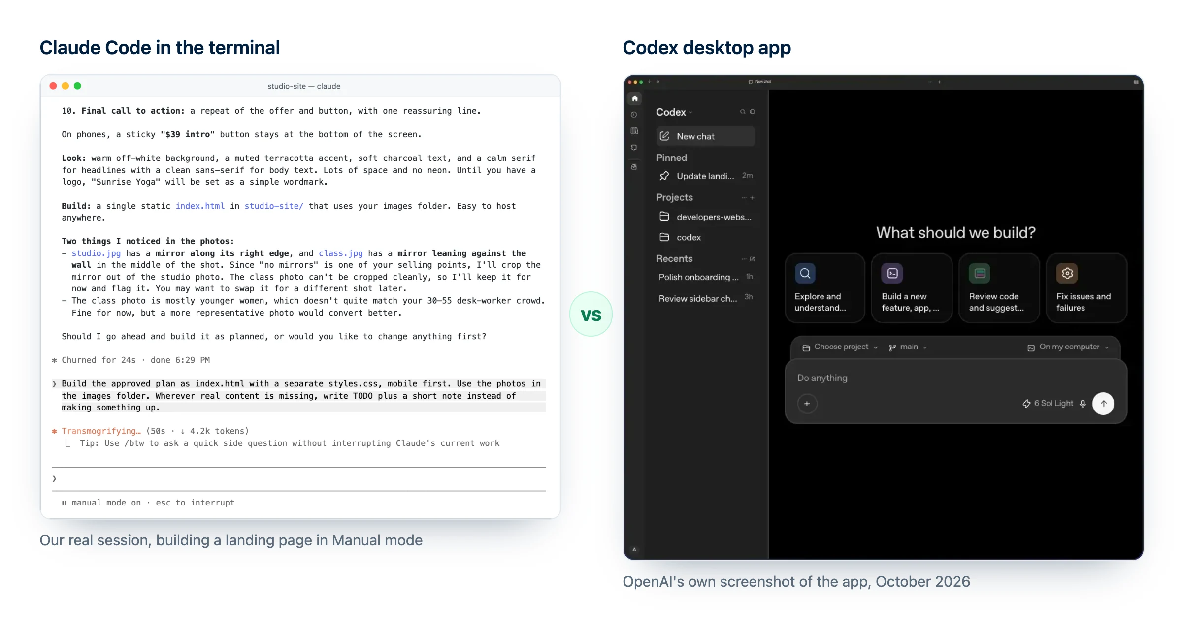 Codex vs Claude Code side by side: a real Claude Code terminal session building a landing page next to the Codex desktop app