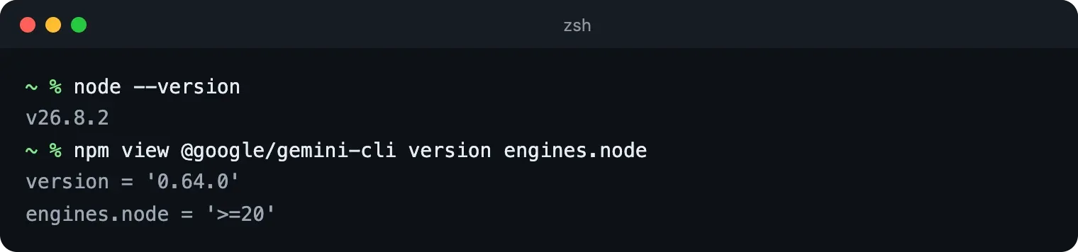 Terminal vérifiant node --version et la version de Node.js exigée par le paquet Gemini CLI avant de configurer une clé API Gemini CLI