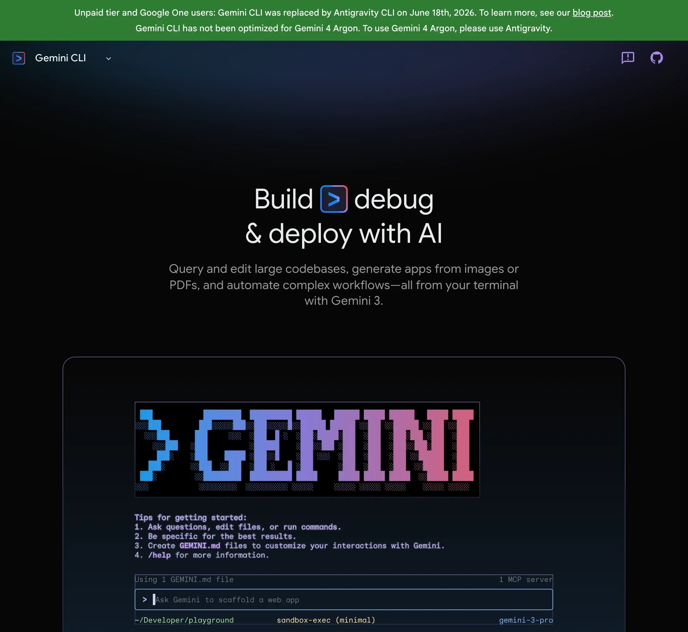 Site de Gemini CLI avec une bannière indiquant que Gemini CLI a été remplacé par Antigravity CLI le 18 juin 2026 pour les utilisateurs gratuits et Google One, au-dessus de l'écran de démarrage de Gemini CLI