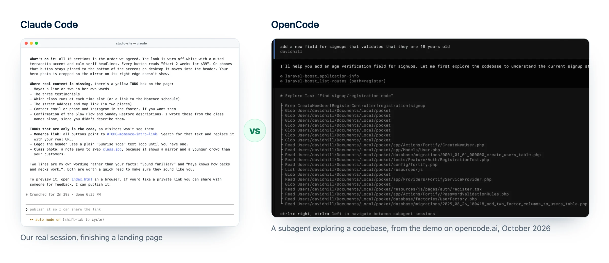 Claude Code vs OpenCode lado a lado: una sesión real de Claude Code terminando una landing page junto a la app de terminal de OpenCode ejecutando un subagente