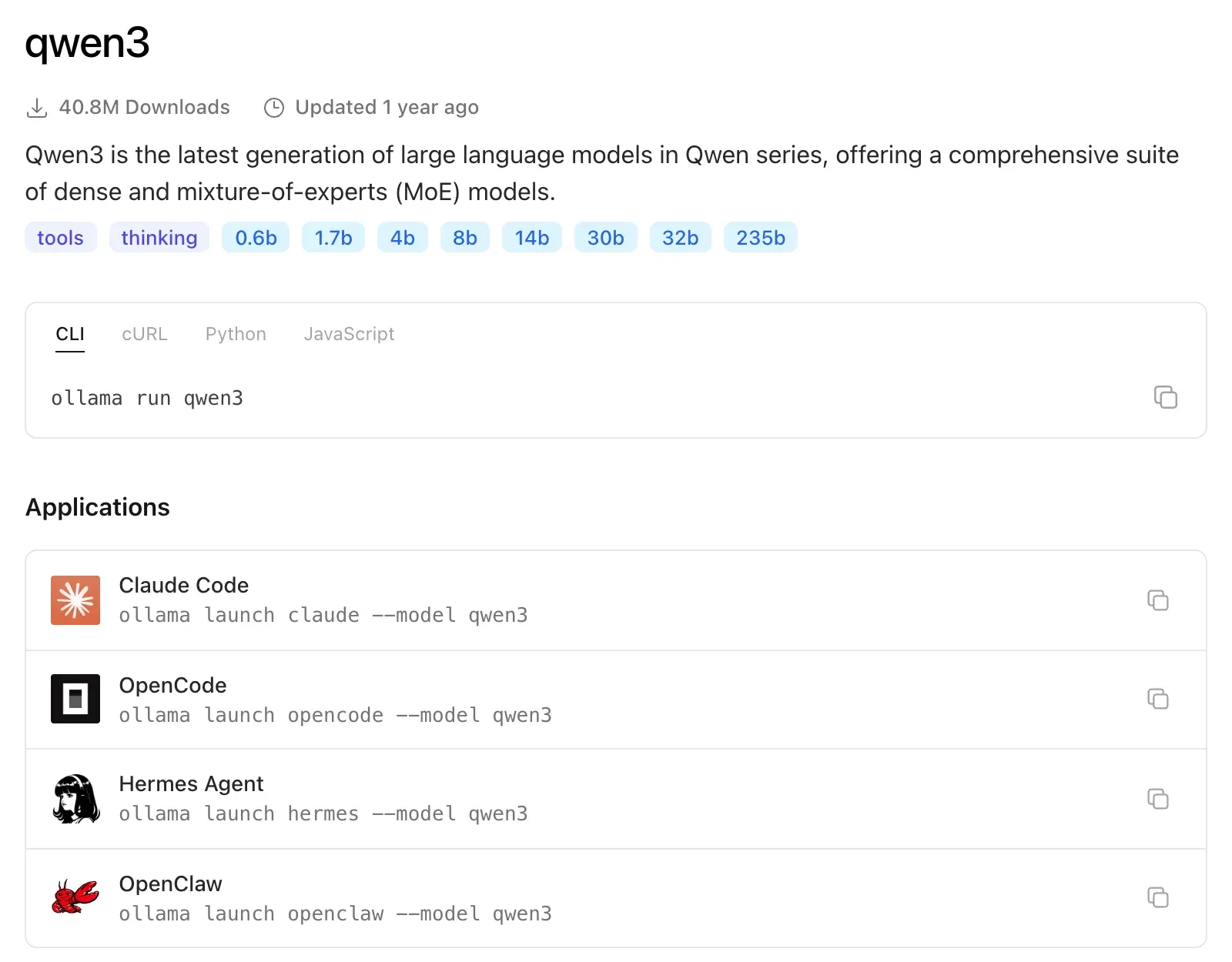 Página del modelo qwen3 en Ollama con los comandos ollama launch opencode y ollama launch claude para usar OpenCode o Claude Code con un modelo local