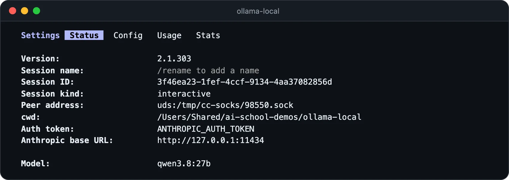 /status do Claude Code com Ollama: Auth token ANTHROPIC_AUTH_TOKEN e Anthropic base URL http://127.0.0.1:11434, modelo qwen3.8:27b, sem login do Claude