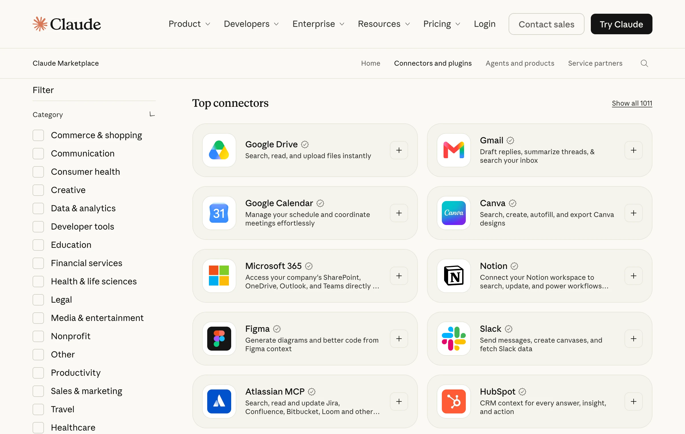 Annuaire des connecteurs Claude sur claude.com avec les plus utilisés, dont Google Drive, Gmail, Google Calendar, Canva, Microsoft 365, Notion, Figma, Slack, Atlassian et HubSpot