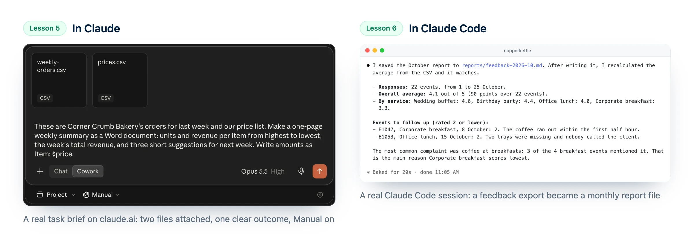 Les leçons de la formation Claude en pratique : un brief de tâche avec deux fichiers CSV dans la zone de message de Claude, et une session Claude Code qui a enregistré le rapport mensuel des avis clients