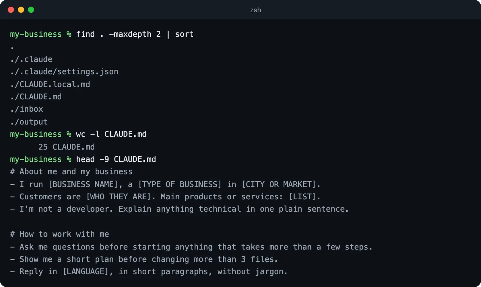 Terminal Mac qui liste un dossier de projet avec un fichier CLAUDE.md, CLAUDE.local.md et un dossier .claude, puis les premières lignes du modèle CLAUDE.md