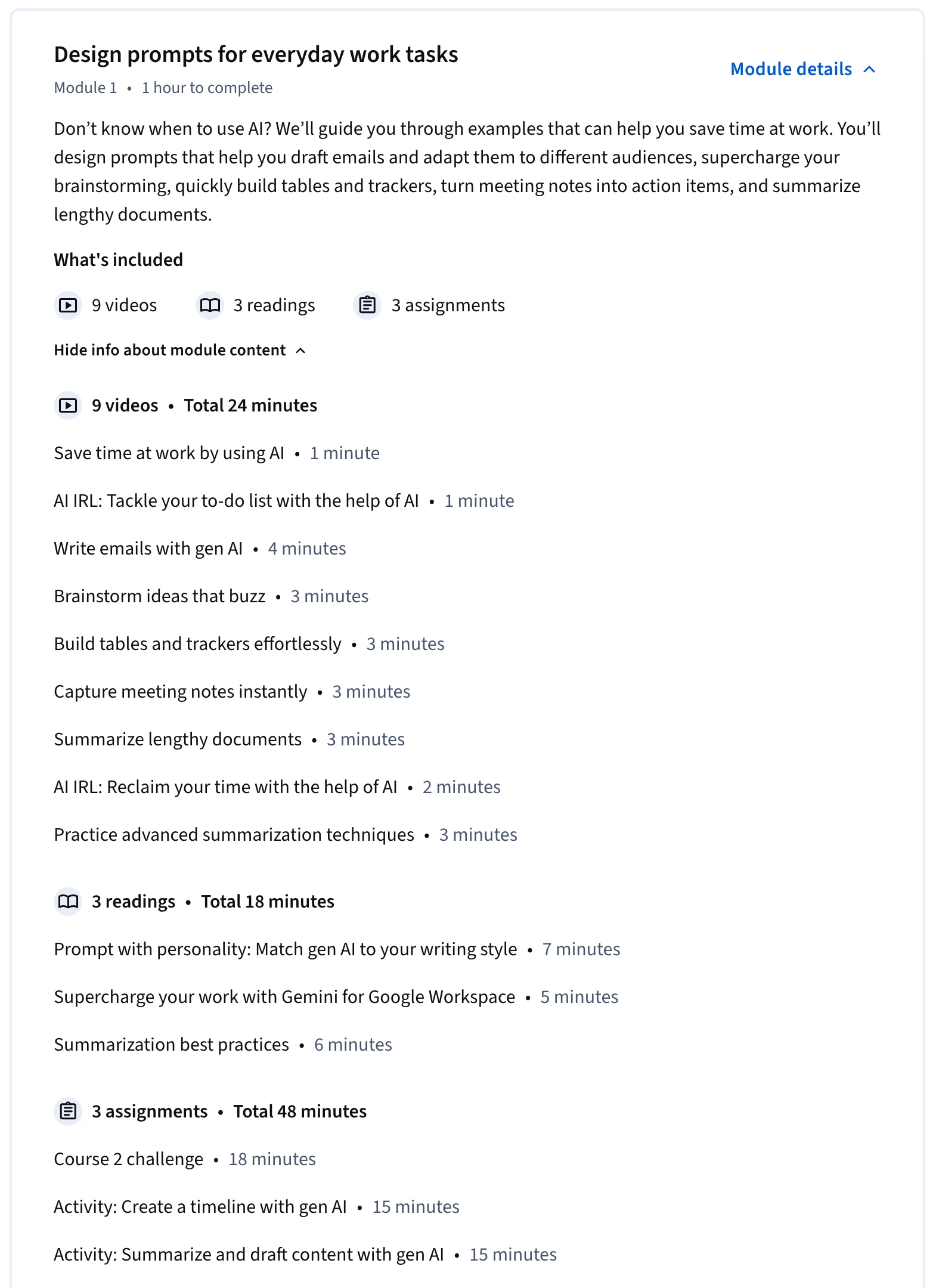Coursera module list of Design Prompts for Everyday Work Tasks in Google Prompting Essentials, labelled 1 hour to complete, opened to show 9 videos totalling 24 minutes, 3 readings totalling 18 minutes and 3 assignments totalling 48 minutes, 90 minutes in all