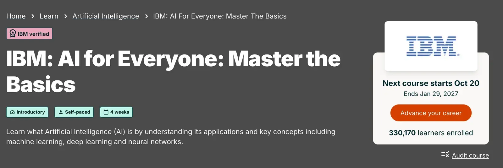 Page edX d'AI for Everyone d'IBM, une alternative gratuite à Coursera pour l'IA, avec le lien Audit course sous le bouton d'inscription payante
