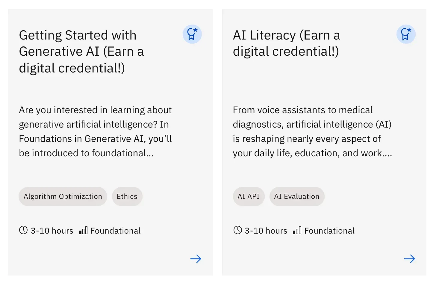 Cartes du catalogue IBM SkillsBuild pour deux alternatives gratuites à Google AI Essentials, Getting Started with Generative AI et AI Literacy, de 3 à 10 heures chacune