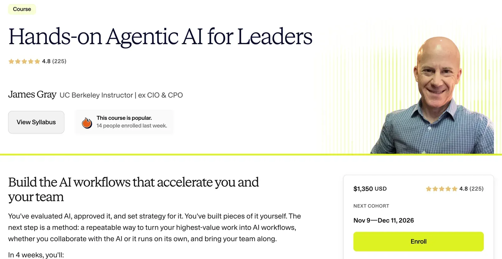 Page Maven de Hands-on Agentic AI for Leaders, une cohorte IA en direct à 1 350 $ US du 9 novembre au 11 décembre 2026