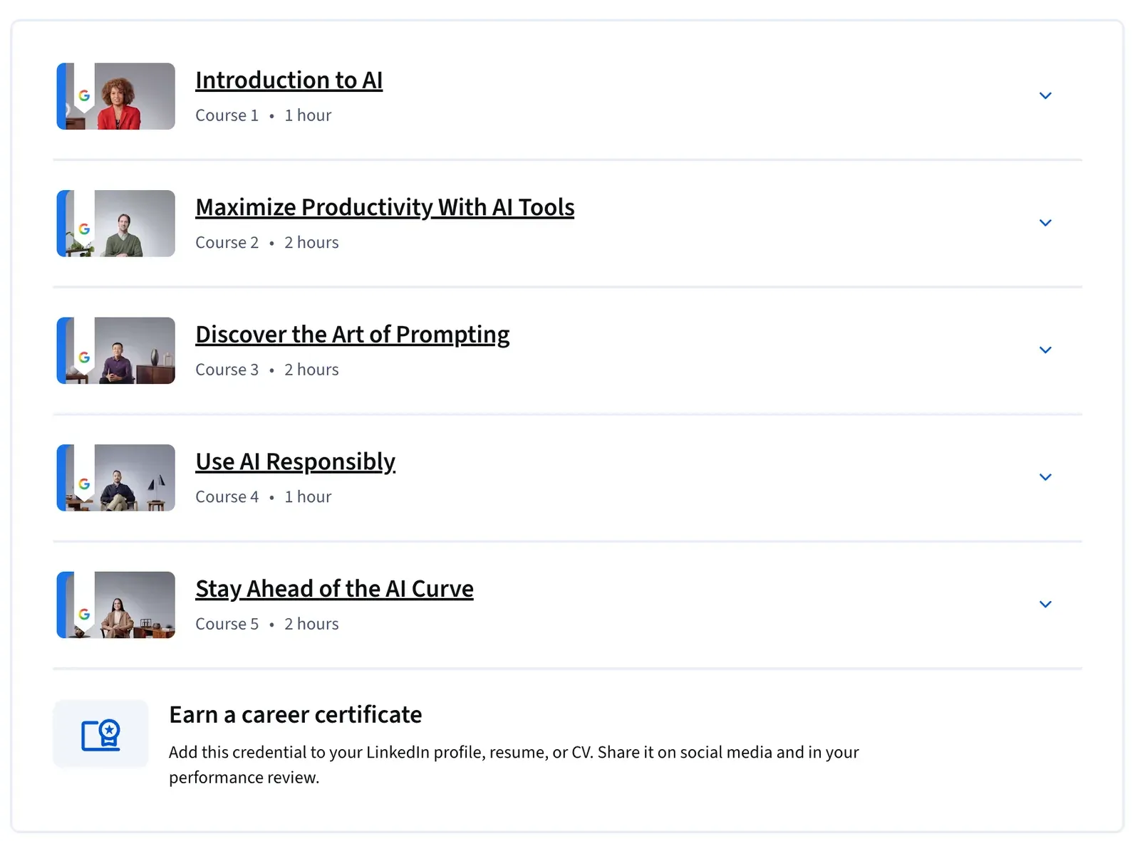 Los cinco cursos de Google AI Essentials en Coursera con sus horas estimadas, de Introduction to AI a Stay Ahead of the AI Curve