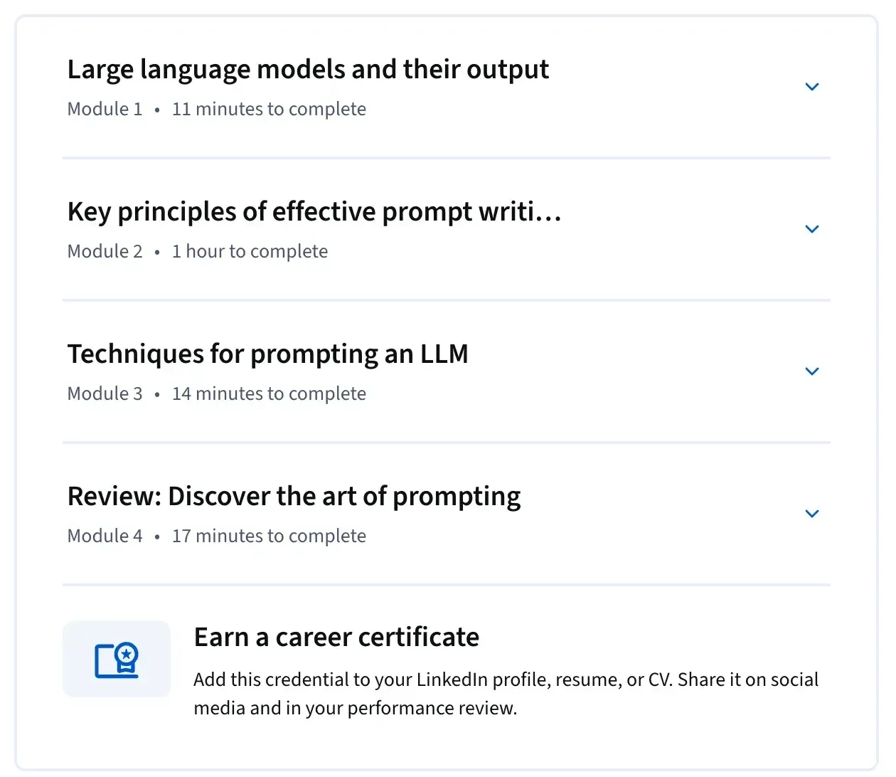 Lista de módulos de Discover the Art of Prompting en Google AI Essentials en Coursera, de 11 minutos a 1 hora por módulo