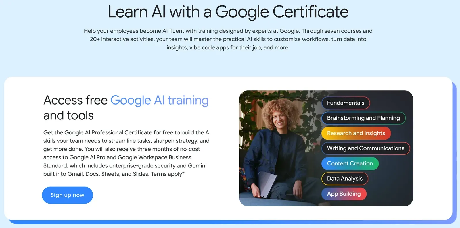Oferta de Grow with Google del Google AI Professional Certificate gratis para pequeñas empresas de EE. UU., con tres meses de Google AI Pro y Workspace