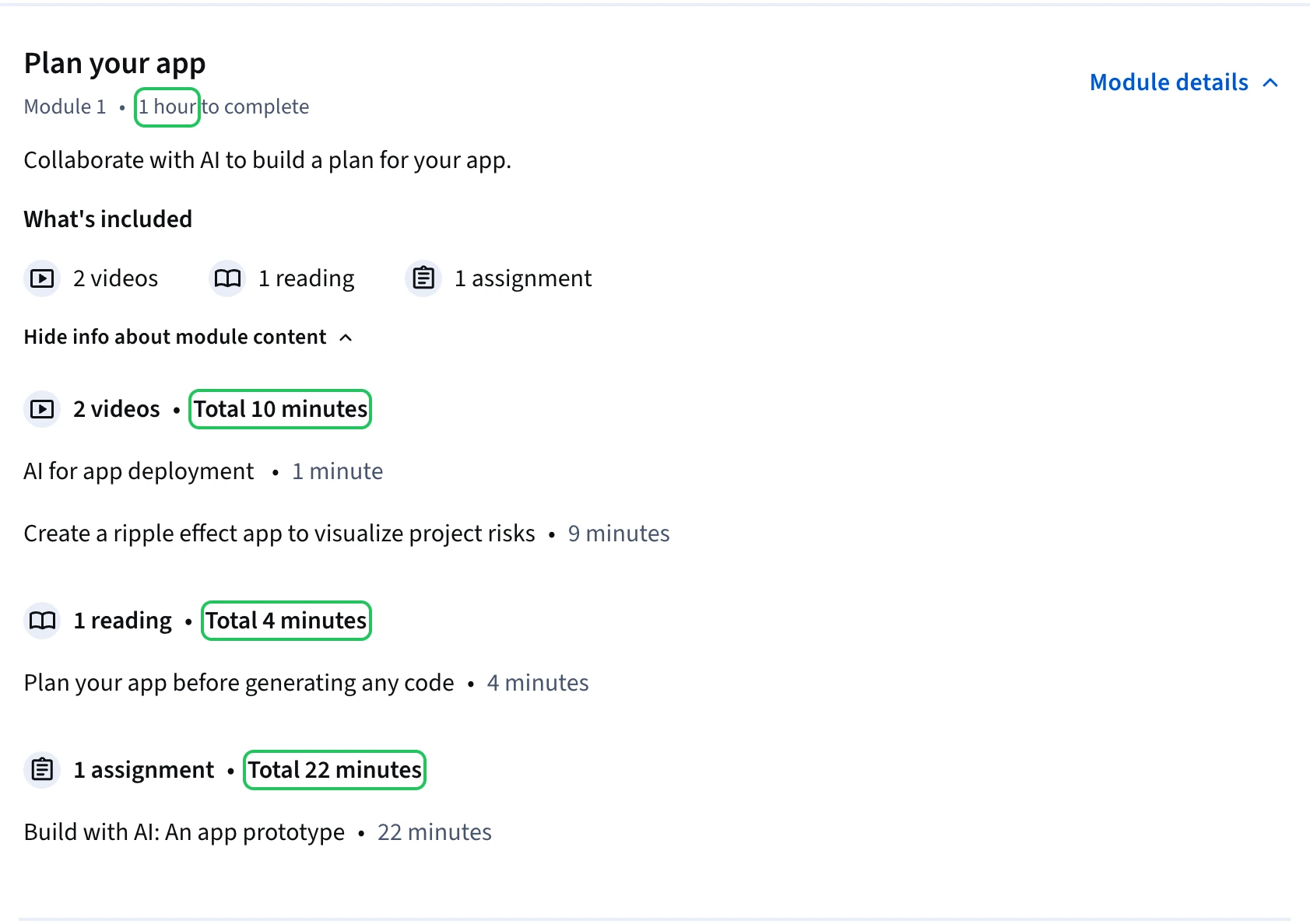 Le module Plan your app d'AI for App Deployment sur Coursera, étiqueté 1 hour to complete, ouvert pour montrer 2 vidéos totalisant 10 minutes, 1 lecture de 4 minutes et 1 devoir de 22 minutes, soit 36 minutes au total