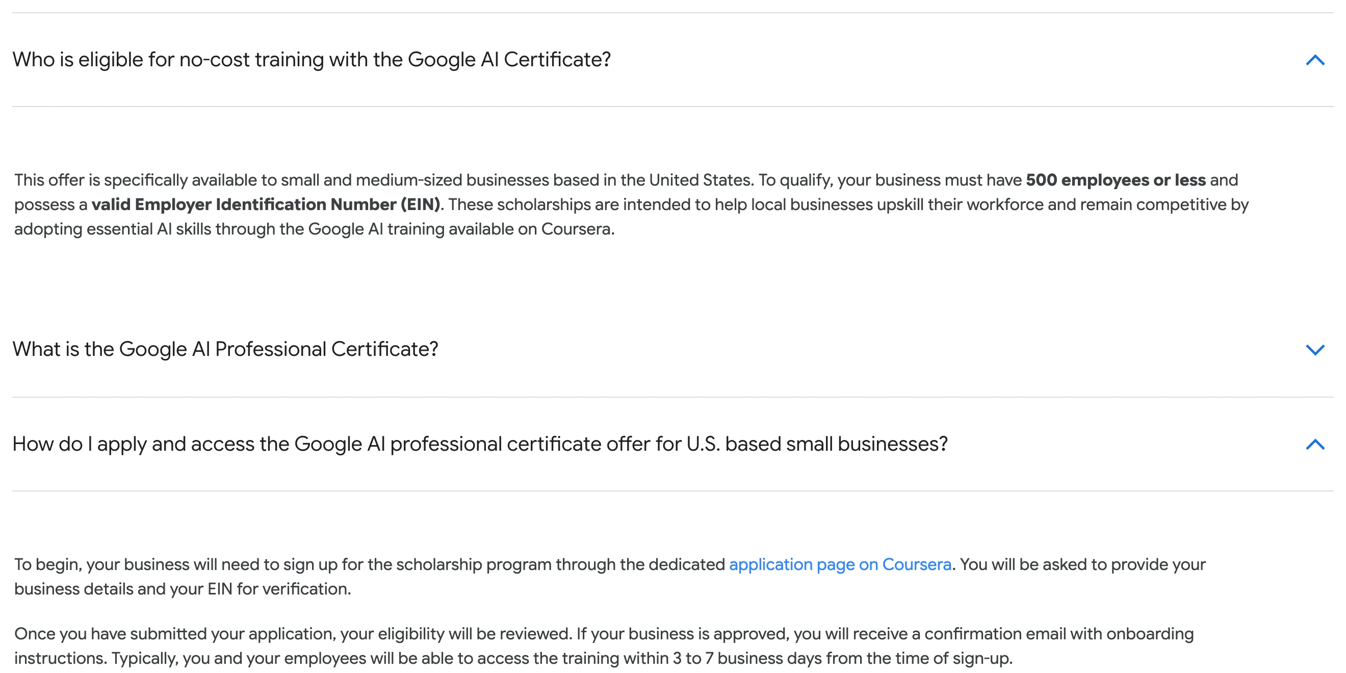 Réponses de la FAQ de Grow with Google indiquant que l'offre sans frais s'adresse aux entreprises américaines de 500 salariés ou moins avec un EIN valide, se demande sur Coursera, avec un accès en général sous 3 à 7 jours ouvrés