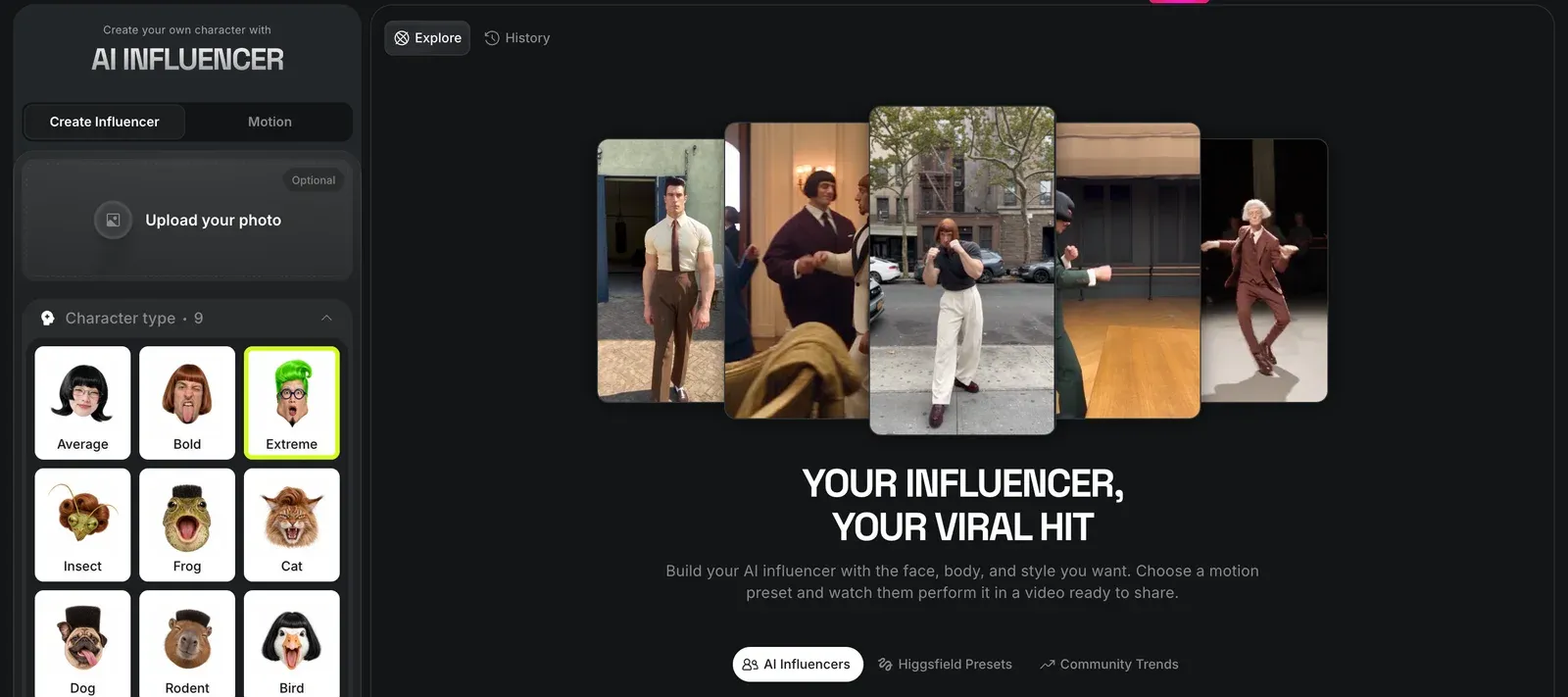 Le créateur AI Influencer de Higgsfield de l'étape 1 de ce tuto, où l'on crée un influenceur IA en choisissant un type de personnage et des traits dans des menus