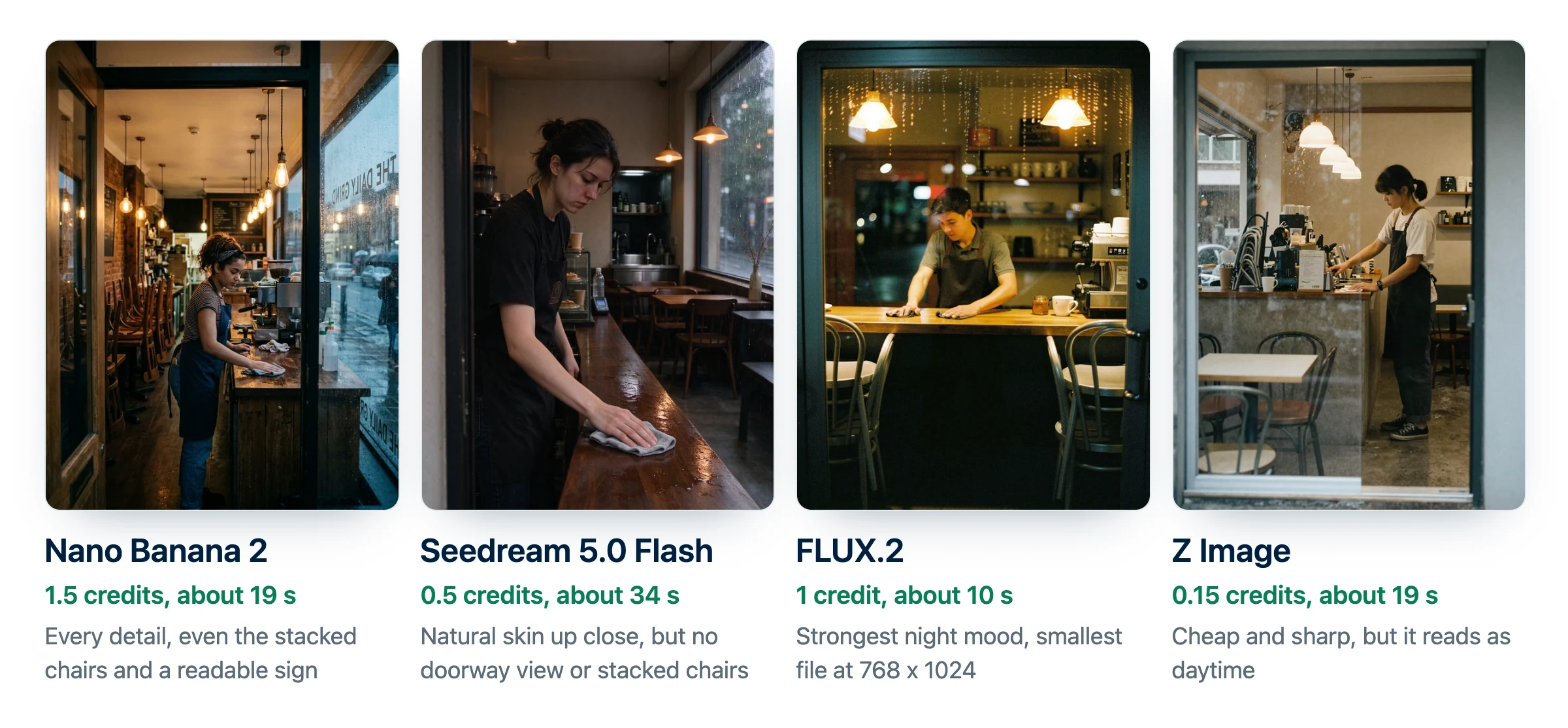 Modèles d'image Higgsfield comparés sur un même prompt : résultats de Nano Banana 2, Seedream 5.0 Flash, FLUX.2 et Z Image avec les crédits et le temps de génération